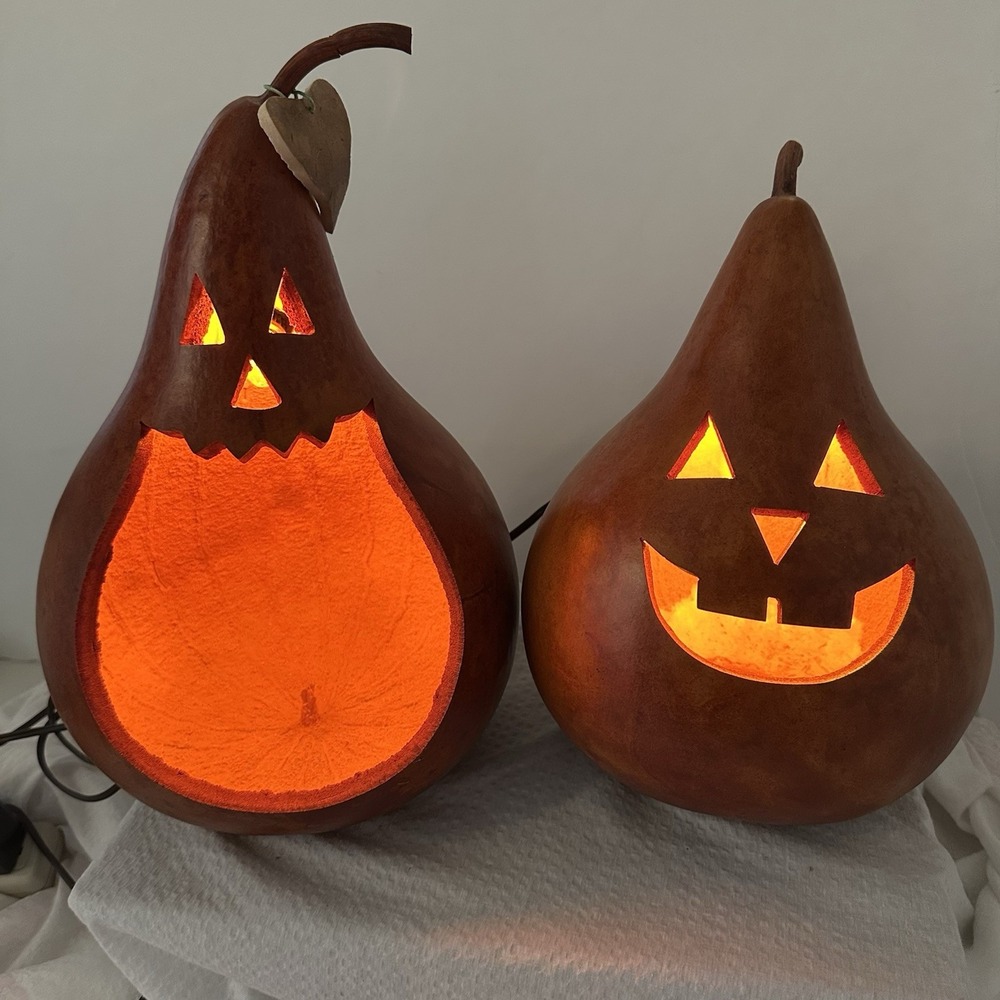 Lot Of 2 Meadowbrooke Gourds Lighted Jack-O-Lantern Halloween Pumpkin Candy Bowl